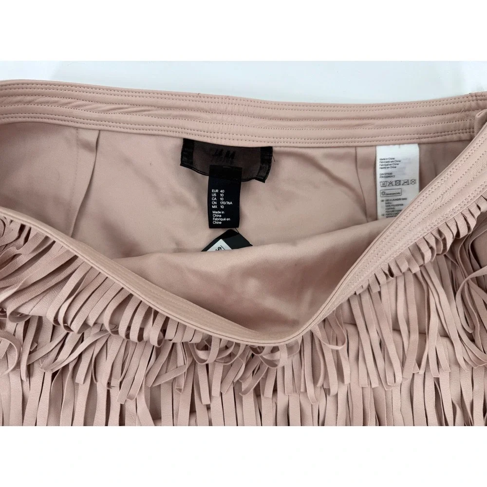 H&M Pink Faux Leather Fringe Mini Skirt Tiered Western Festival Size 10 NEW‎